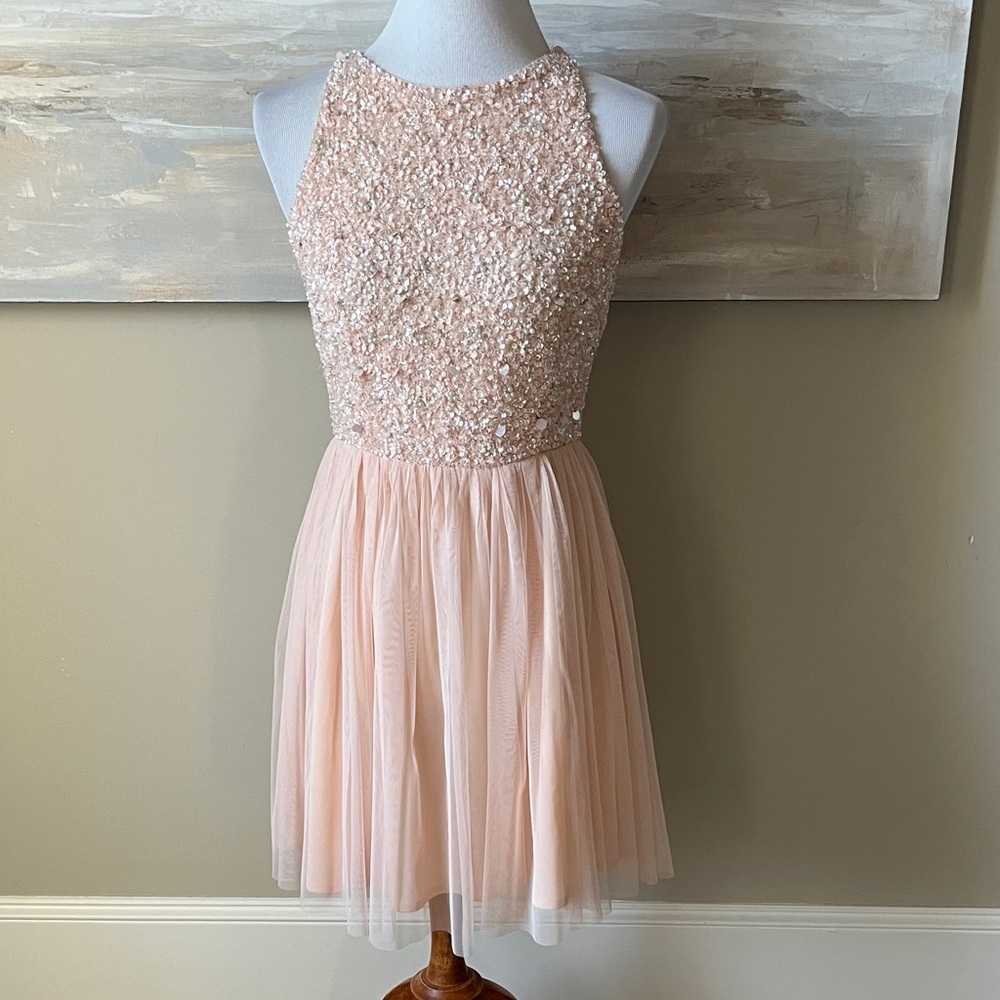 Lace & Beads pink beaded fancy dress with tulle skirt